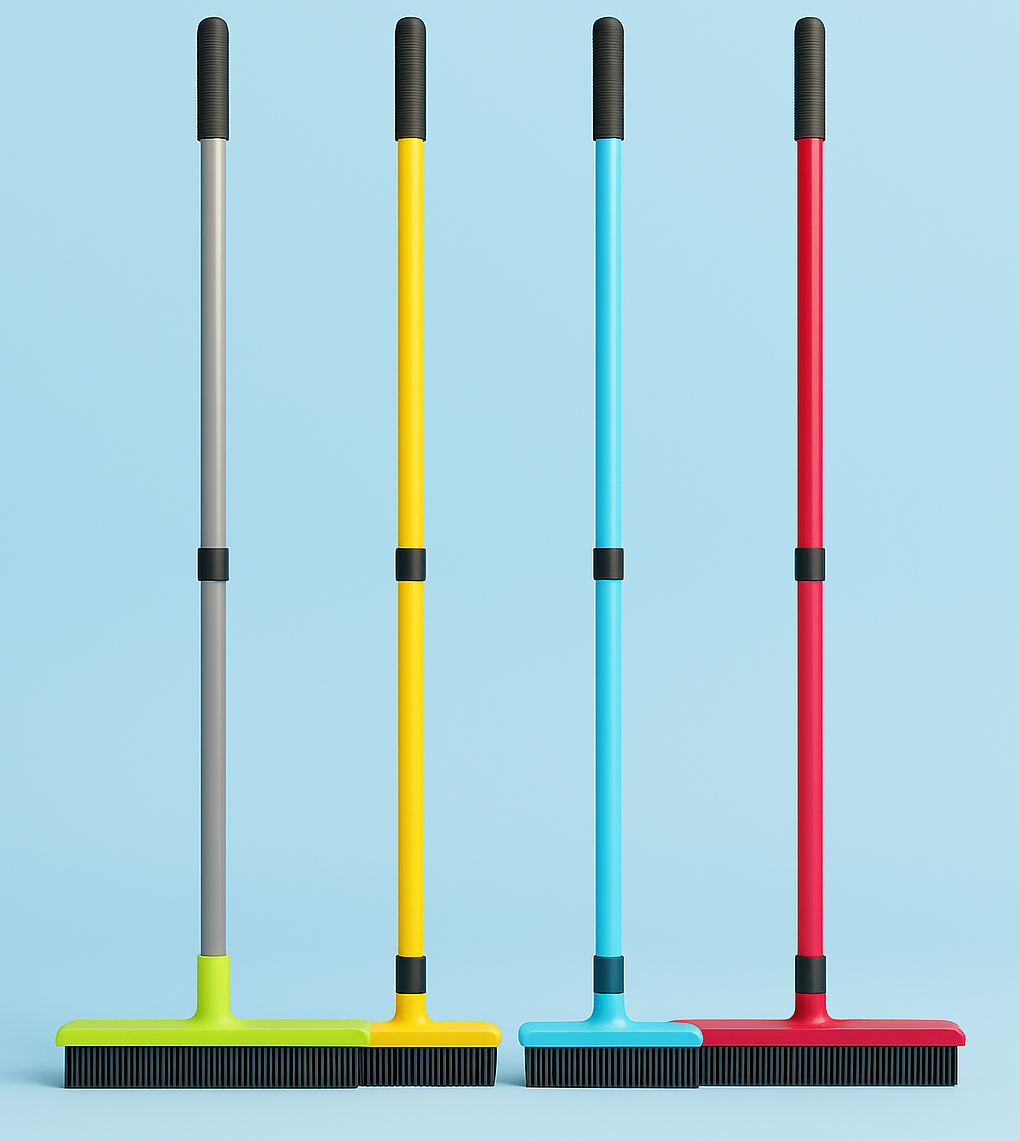 Four colorful brooms with black handles on a light blue background